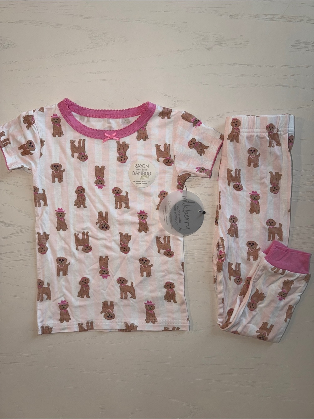 Milkberry Pink Puppy Print Cabana Stripe Bamboo Kids Pajama Set 2T 3T 4T 5T